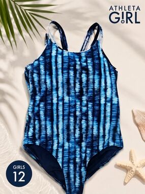Athleta Girl Festival Tie Dye One Piece Swimsuit Blue Girls Size 12.